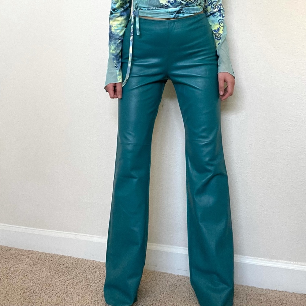 High Waisted Teal Blue Lambskin & Jersey Flared Pants